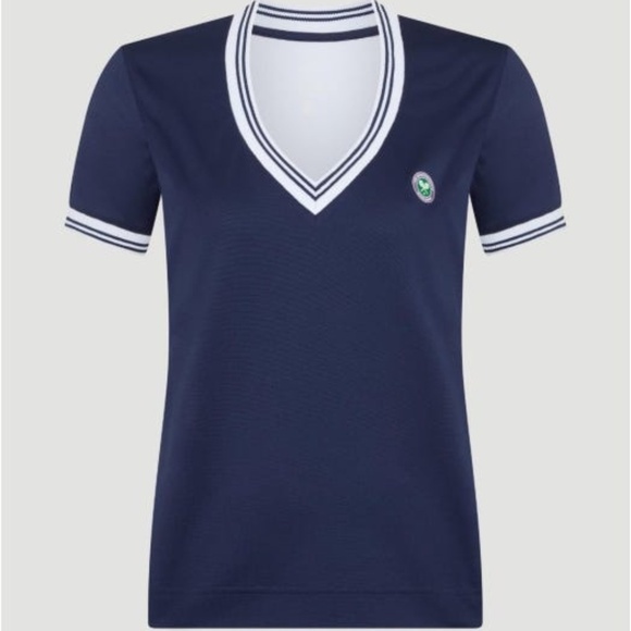 Wimbledon Tops - NWT Wimbledon Contrast Back V-Neck Performance Tee in Navy and White